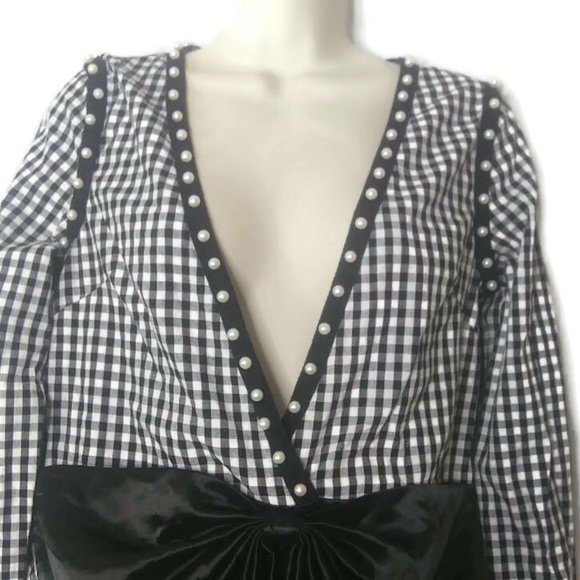 JJ's Fairyland Black Gingham Pearl and Bow Detail Deep V Neck Blouse - Picture 2 of 4